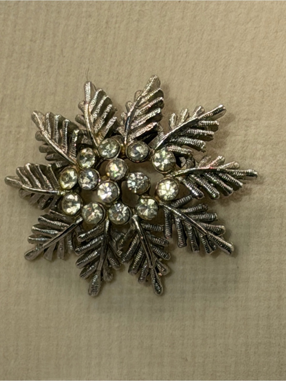 Vintage Silver Tone Rhinestone Snowflake Brooch | Mid-Century Atomic Pin